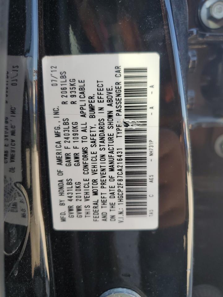 2012 Honda Accord Exl VIN: 1HGCP2F87CA216431 Lot: 76390754