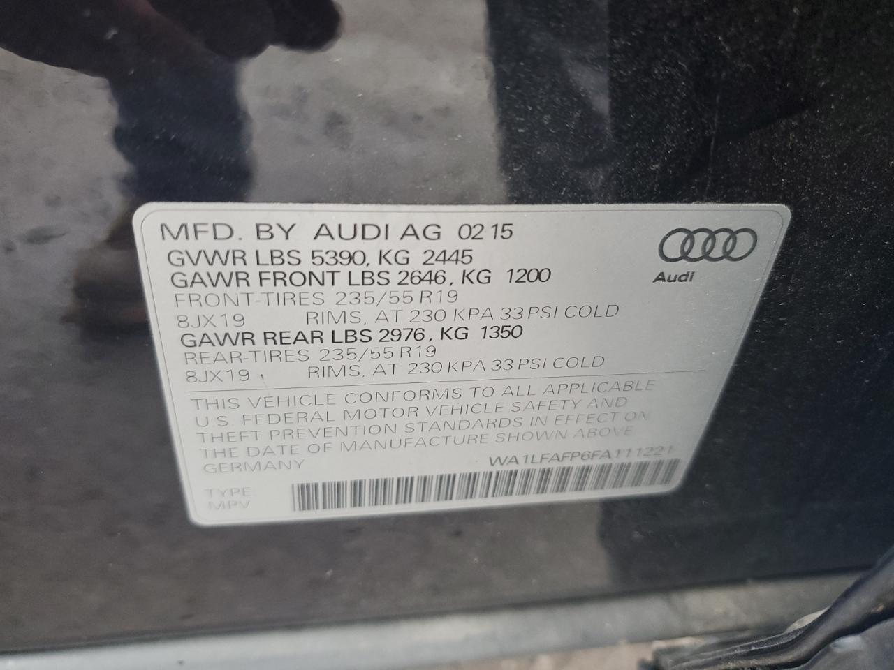 2015 Audi Q5 Premium Plus VIN: WA1LFAFP6FA111221 Lot: 73123254