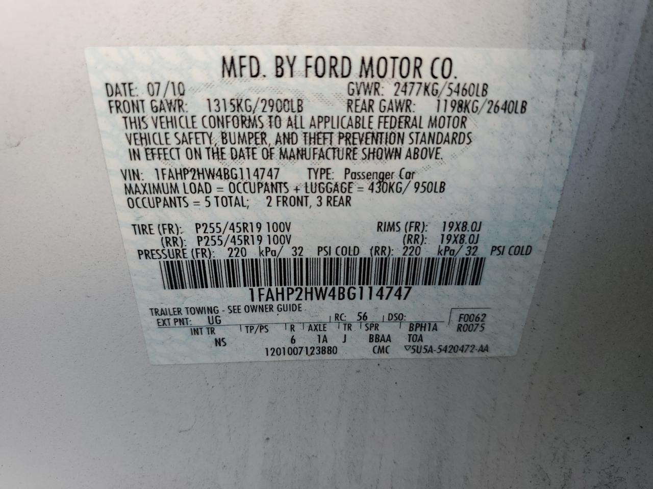 2011 Ford Taurus Sel VIN: 1FAHP2HW4BG114747 Lot: 75207954