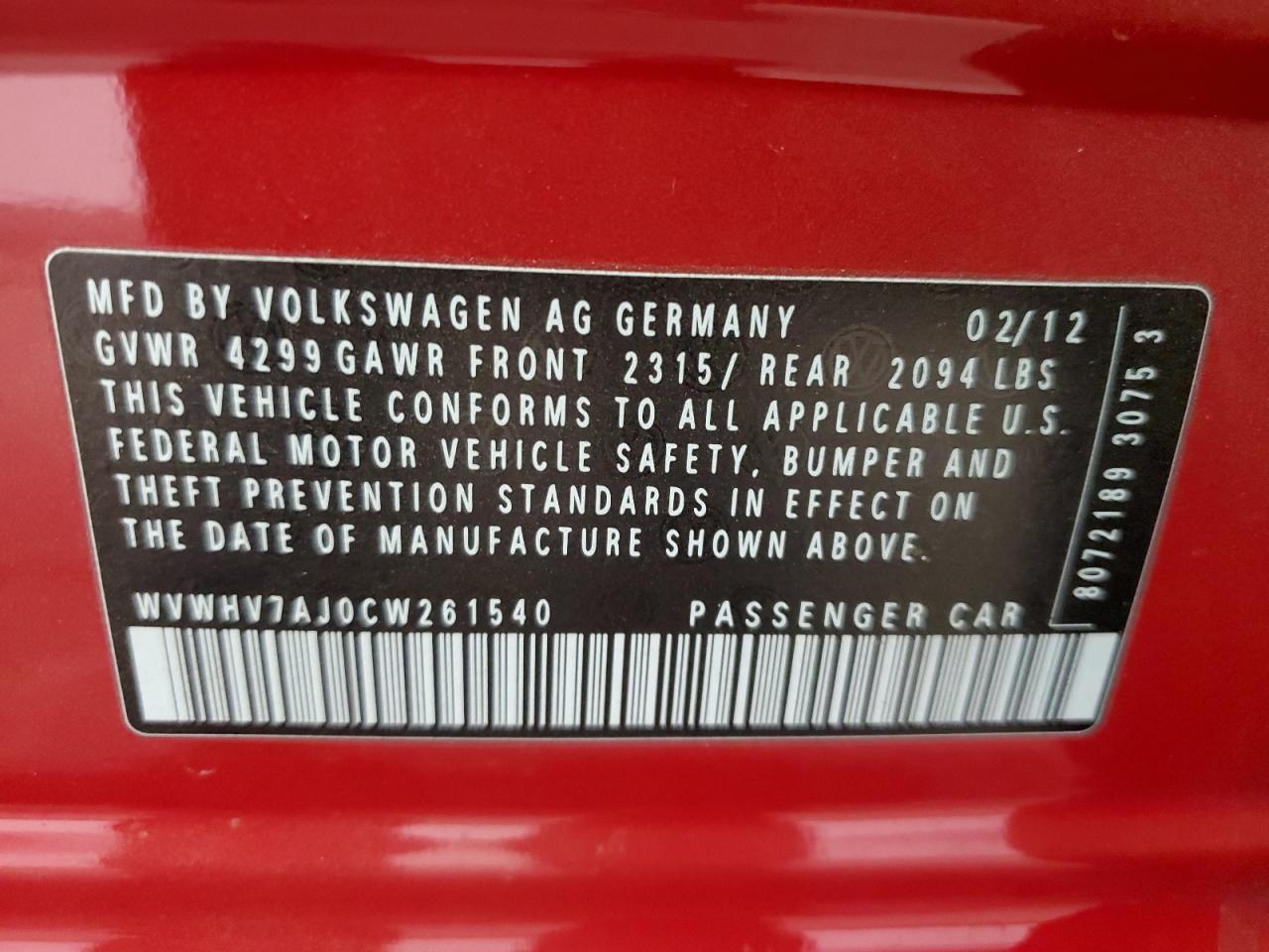 WVWHV7AJ0CW261540 2012 Volkswagen Gti