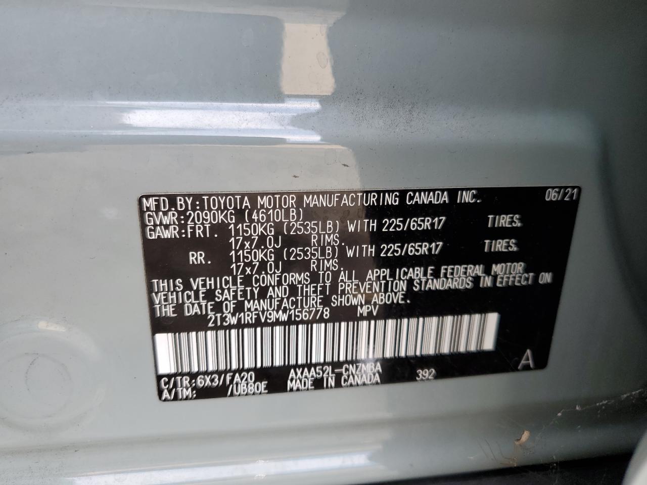 2T3W1RFV9MW156778 2021 Toyota Rav4 Xle