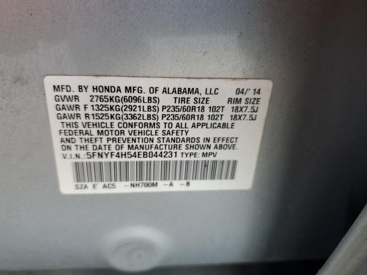 5FNYF4H54EB044231 2014 Honda Pilot Exl