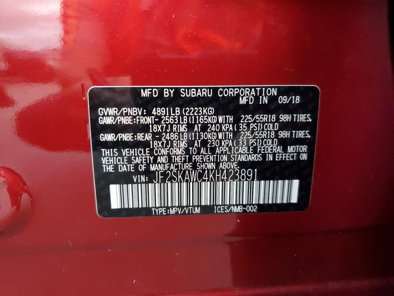 2019 Subaru Forester Touring VIN: JF2SKAWC4KH423891 Lot: 74744444