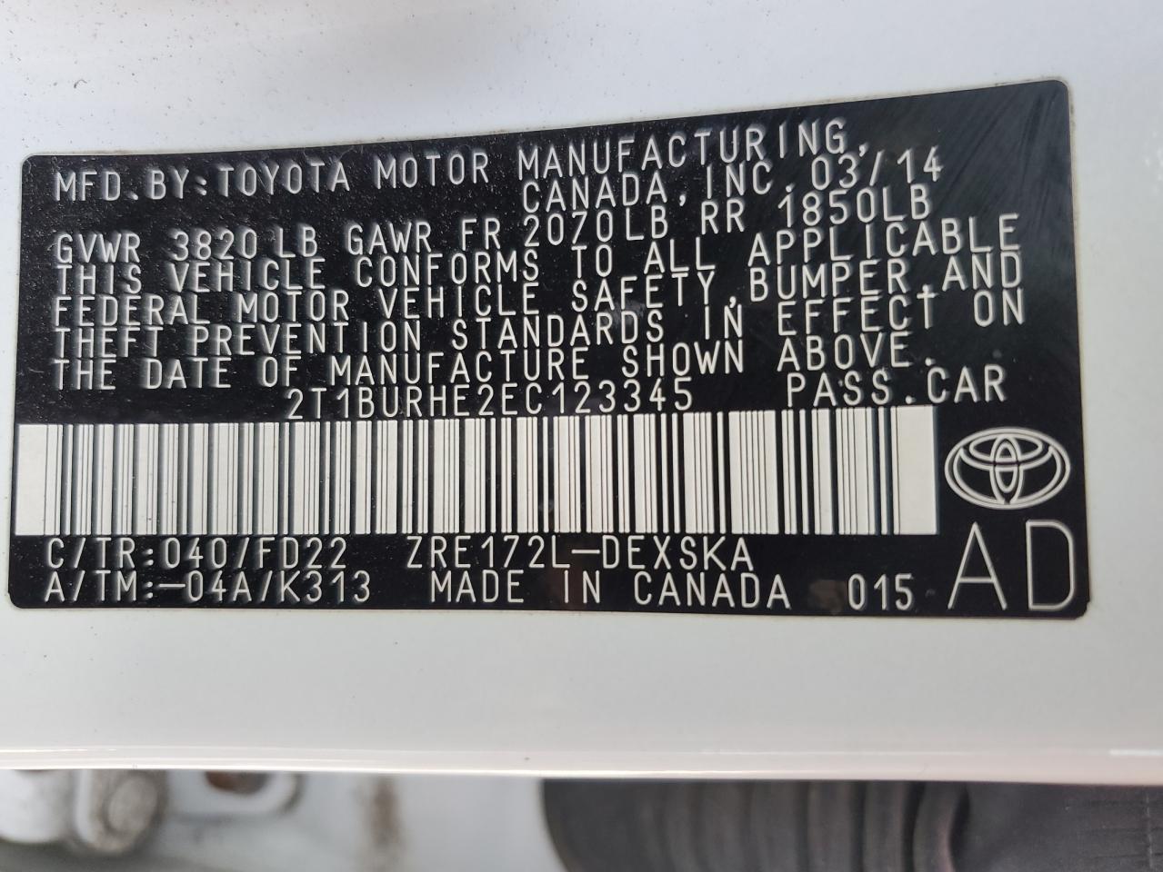 2T1BURHE2EC123345 2014 Toyota Corolla L