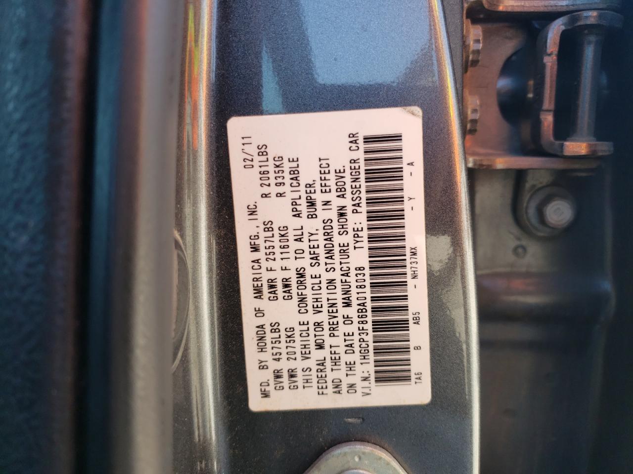 1HGCP3F86BA018038 2011 Honda Accord Exl