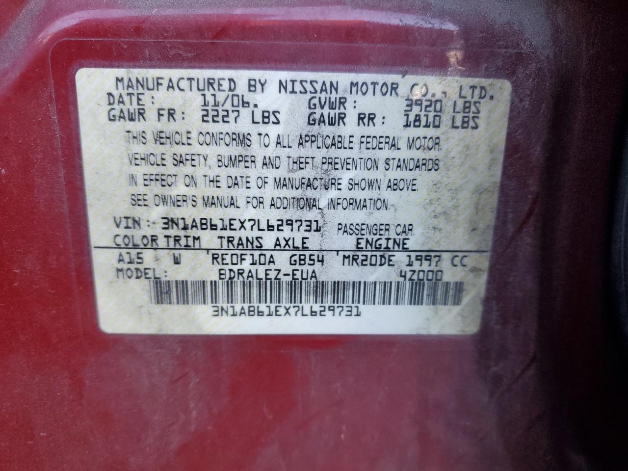 2007 Nissan Sentra 2.0 VIN: 3N1AB61EX7L629731 Lot: 76377074