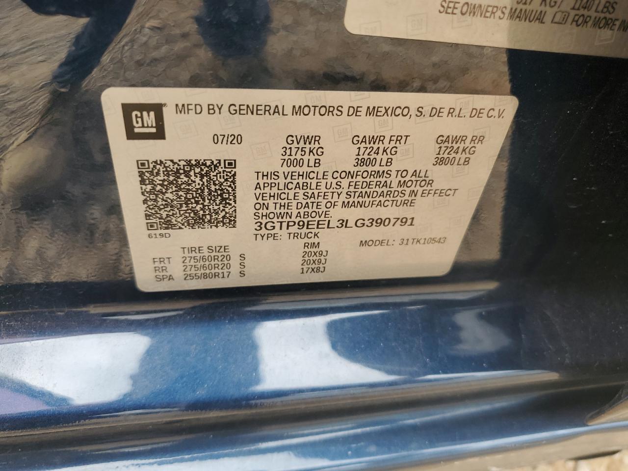 3GTP9EEL3LG390791 2020 GMC Sierra K1500 At4