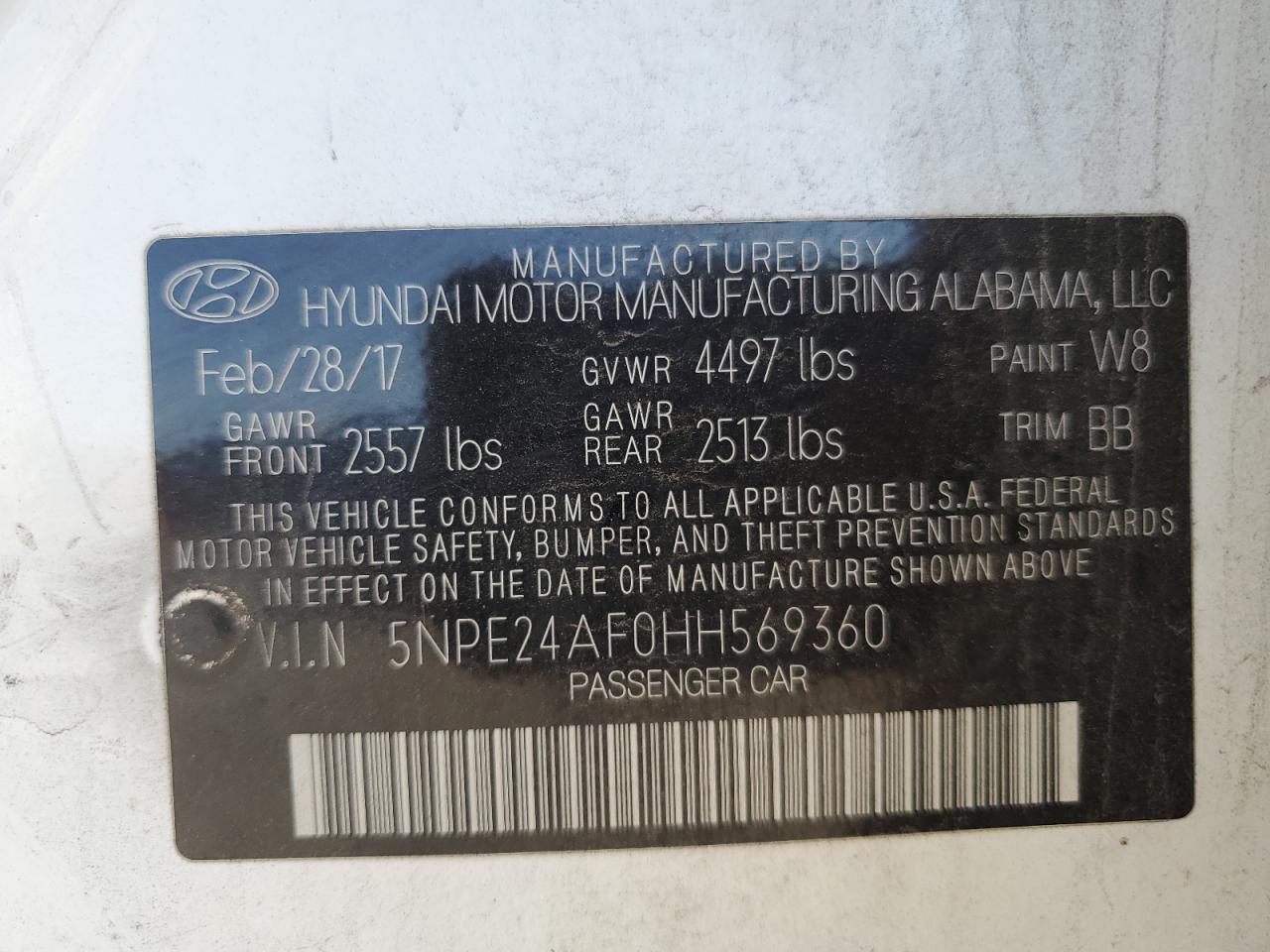 5NPE24AF0HH569360 2017 Hyundai Sonata Se