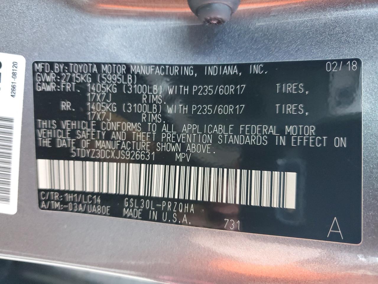 5TDYZ3DCXJS926631 2018 Toyota Sienna Xle