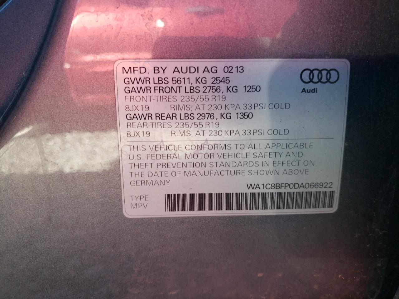 VIN WA1C8BFP0DA066922 2013 AUDI Q5 no.12