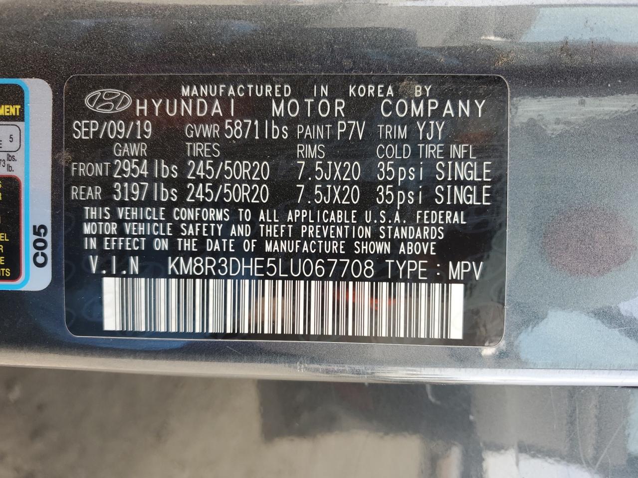 2020 Hyundai Palisade Sel VIN: KM8R3DHE5LU067708 Lot: 75028394