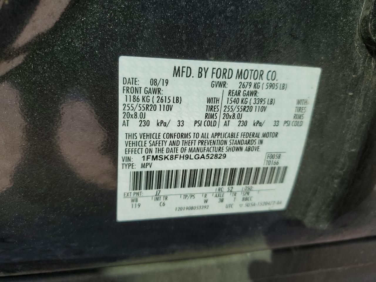 1FMSK8FH9LGA52829 2020 Ford Explorer Limited