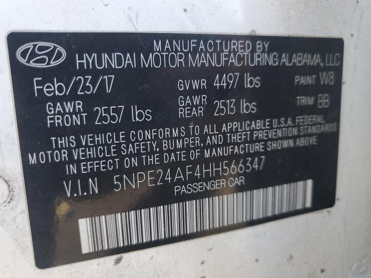 2017 Hyundai Sonata Se VIN: 5NPE24AF4HH566347 Lot: 76827734