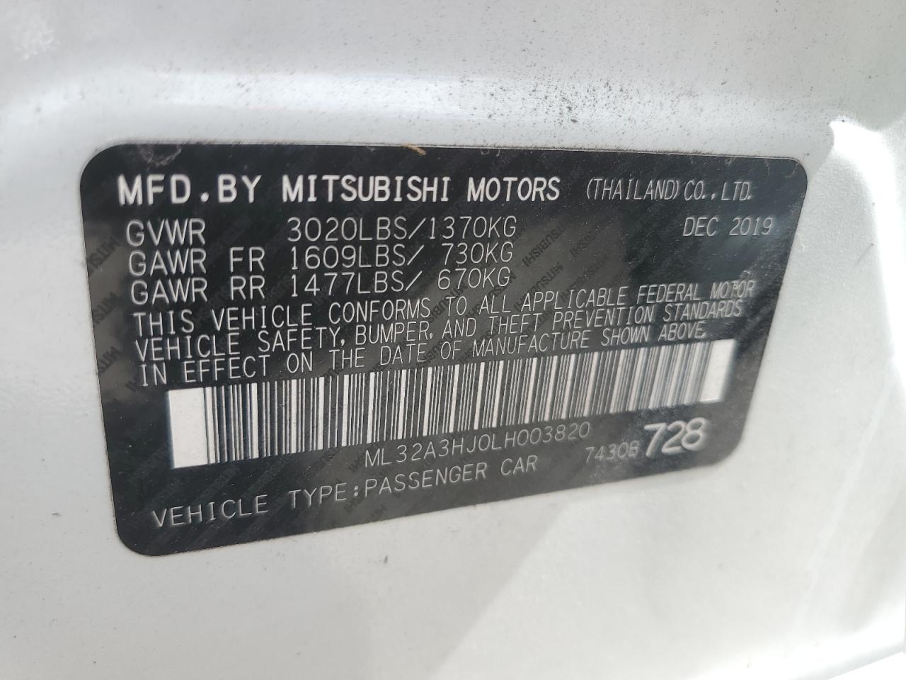 ML32A3HJ0LH003820 2020 Mitsubishi Mirage Es