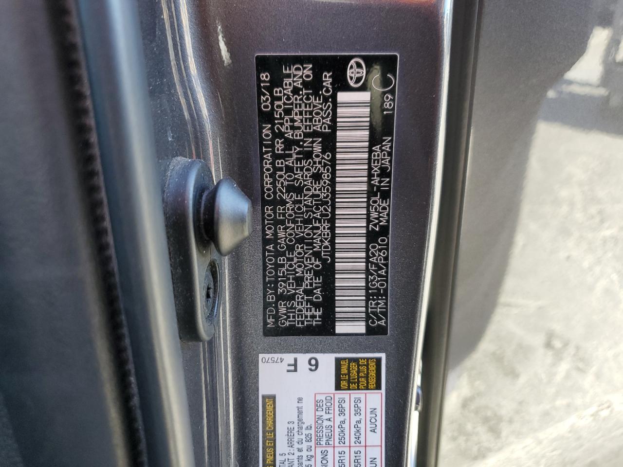 VIN JTDKBRFU2J3598576 2018 TOYOTA PRIUS no.12