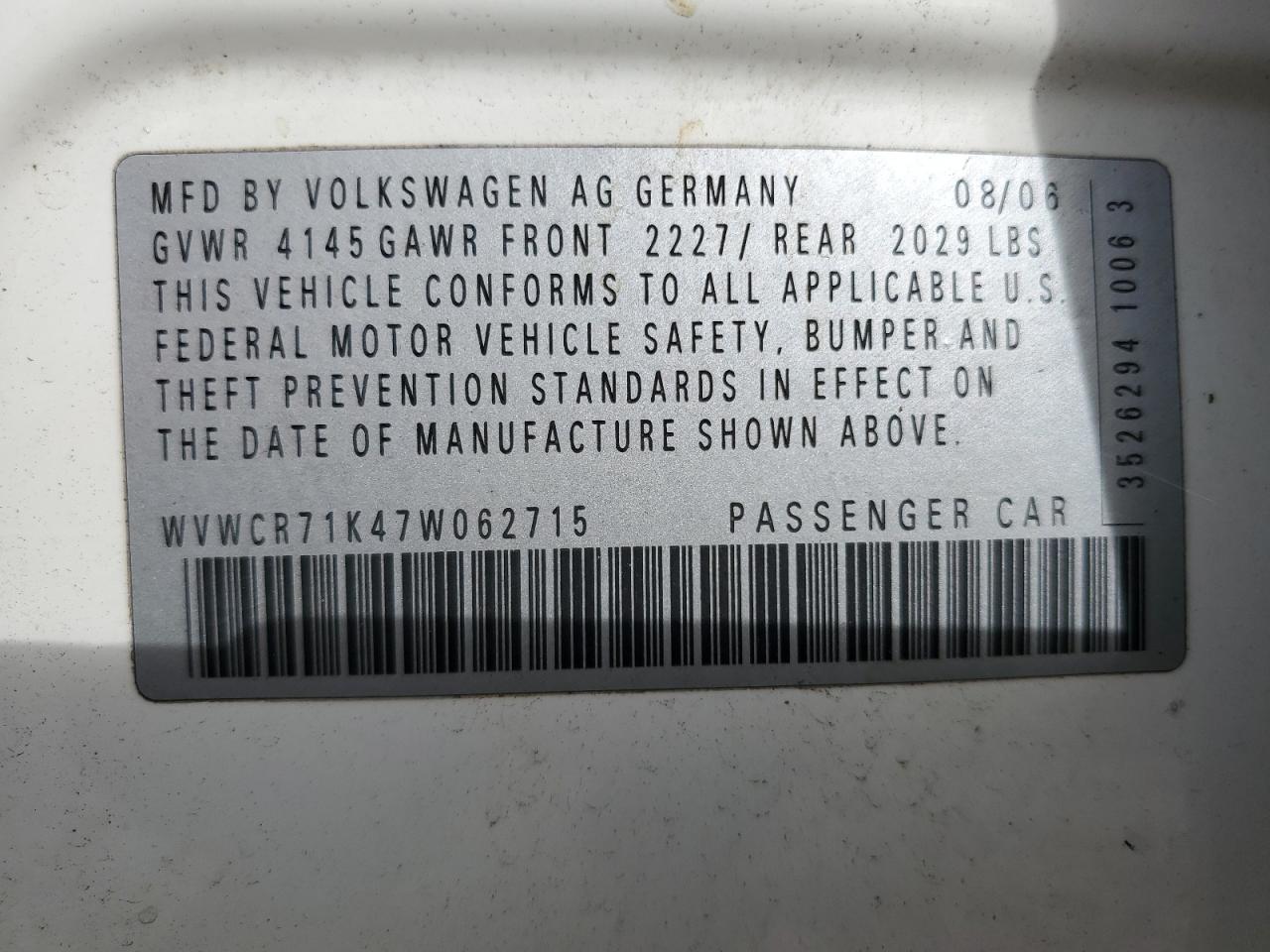 WVWCR71K47W062715 2007 Volkswagen Rabbit