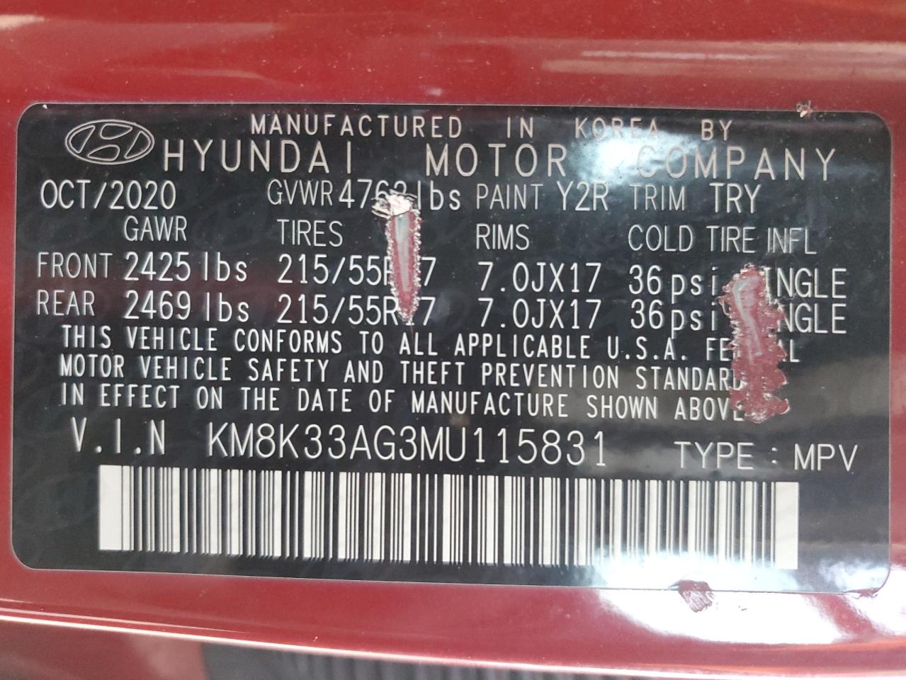 KM8K33AG3MU115831 2021 Hyundai Kona Limited