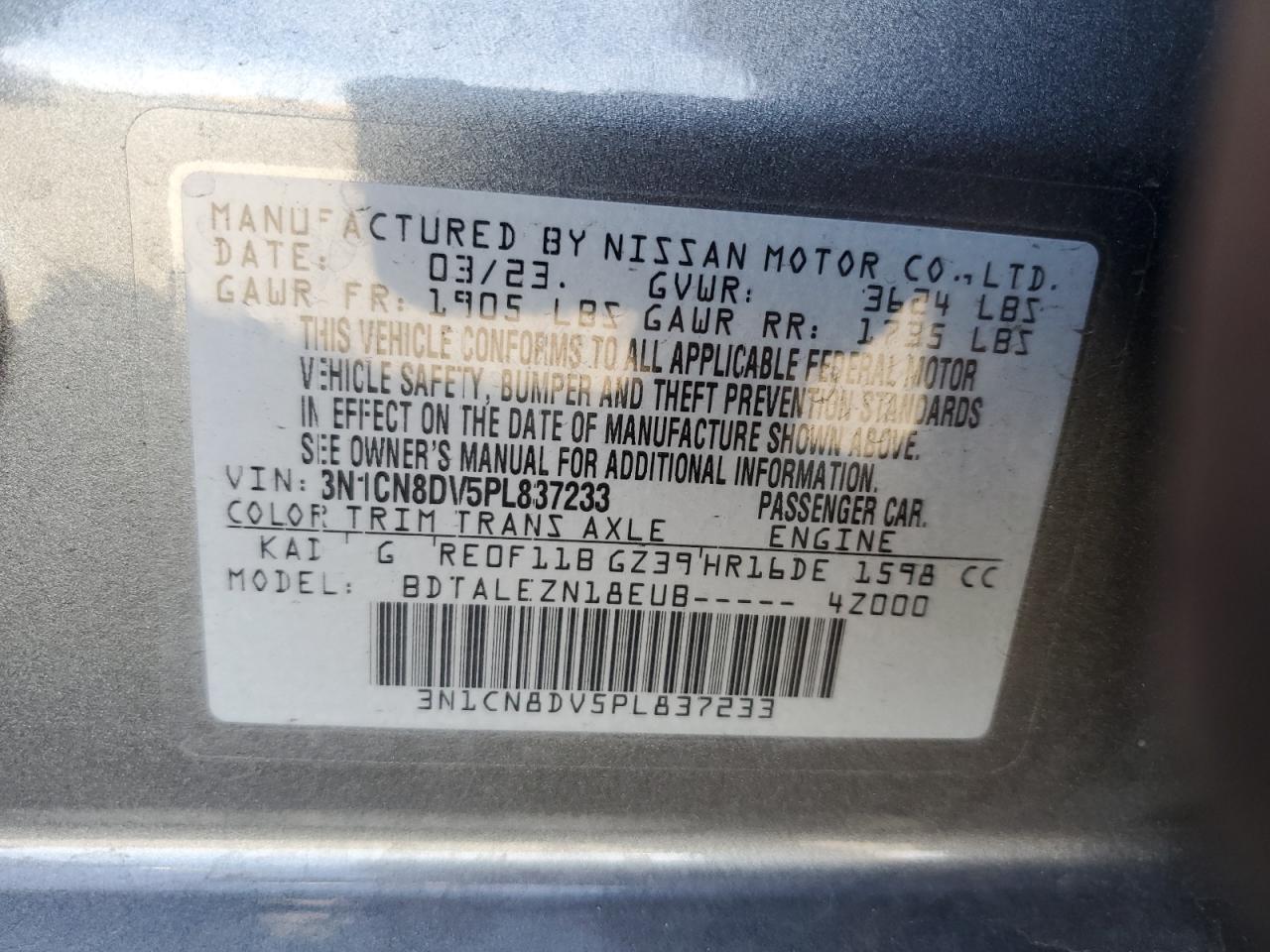 3N1CN8DV5PL837233 2023 Nissan Versa S