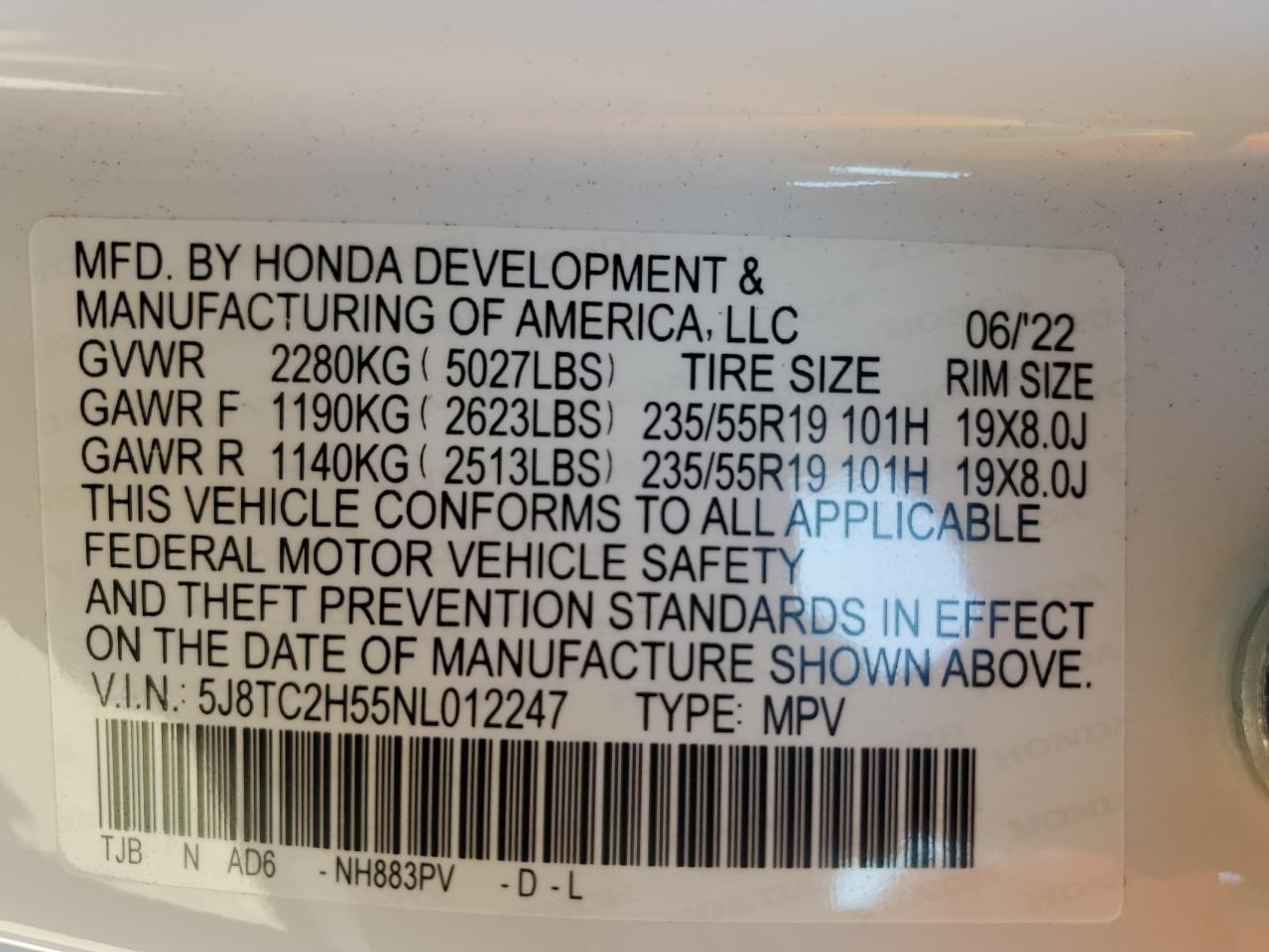 2022 Acura Rdx Technology VIN: 5J8TC2H55NL012247 Lot: 76534714