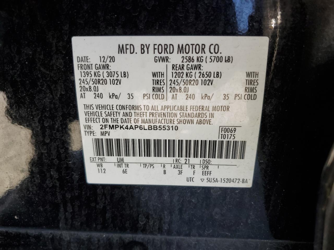 2020 Ford Edge St VIN: 2FMPK4AP6LBB55310 Lot: 76840774