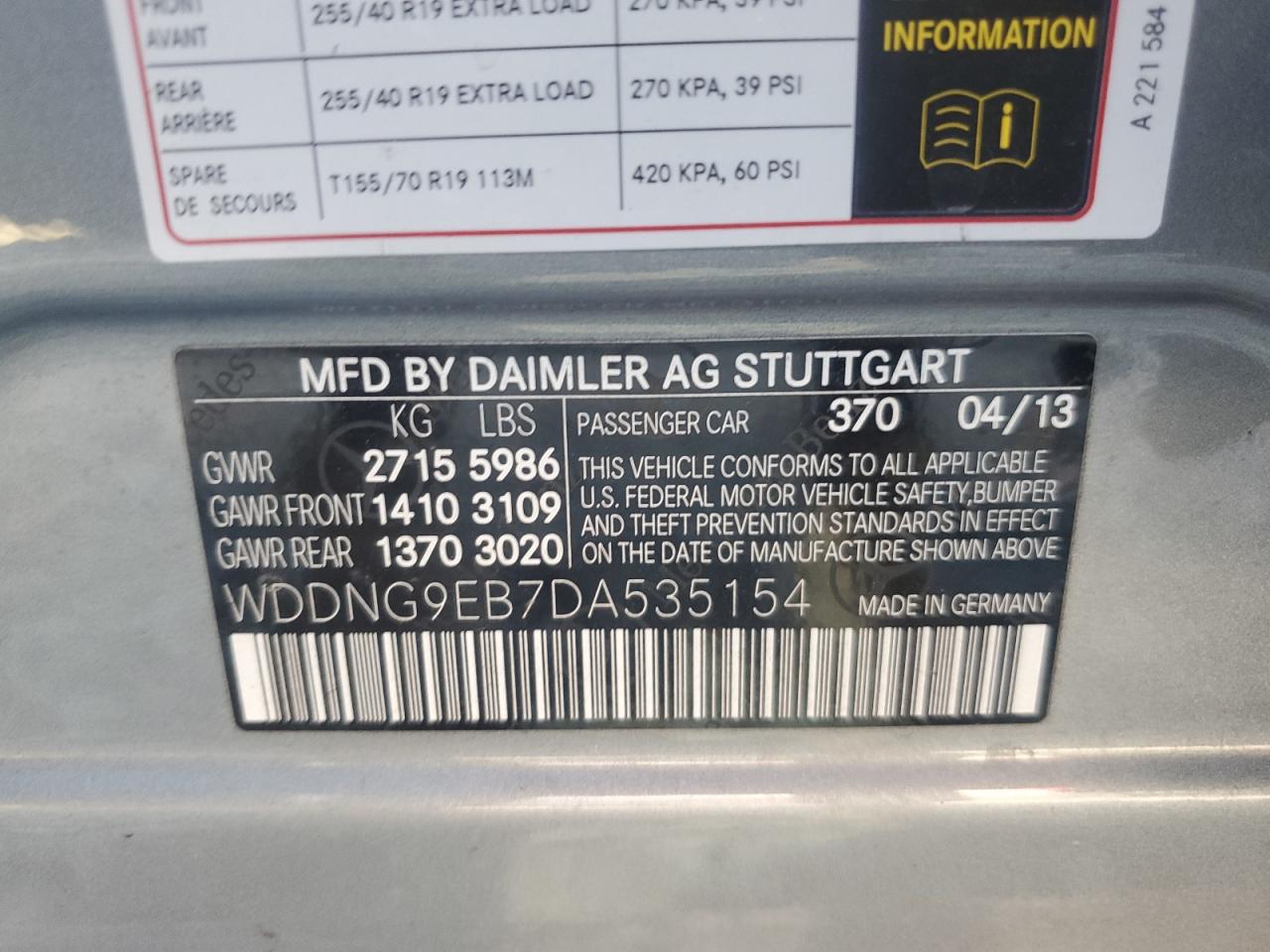 WDDNG9EB7DA535154 2013 Mercedes-Benz S 550 4Matic