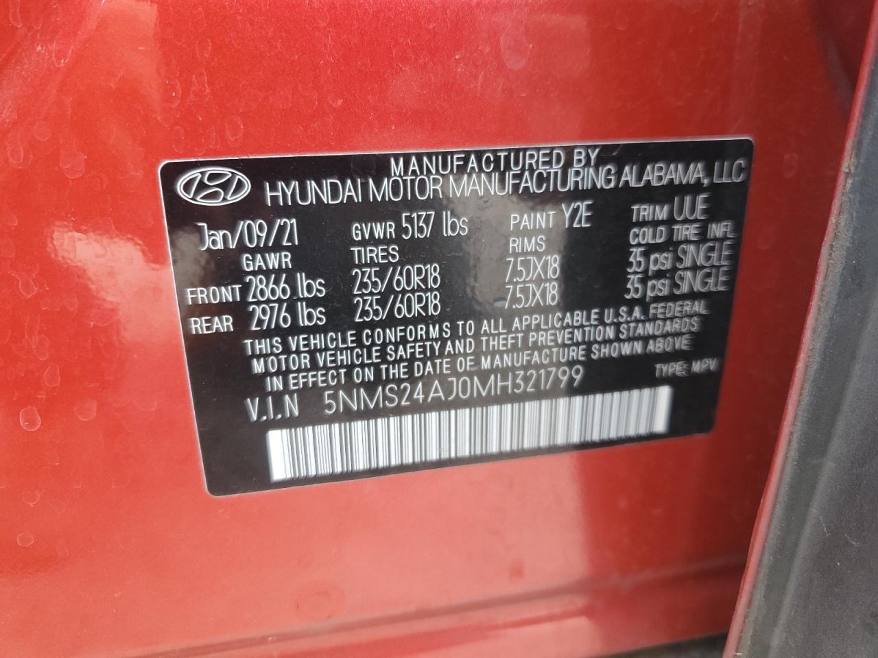 2021 Hyundai Santa Fe Sel VIN: 5NMS24AJ0MH321799 Lot: 77806174