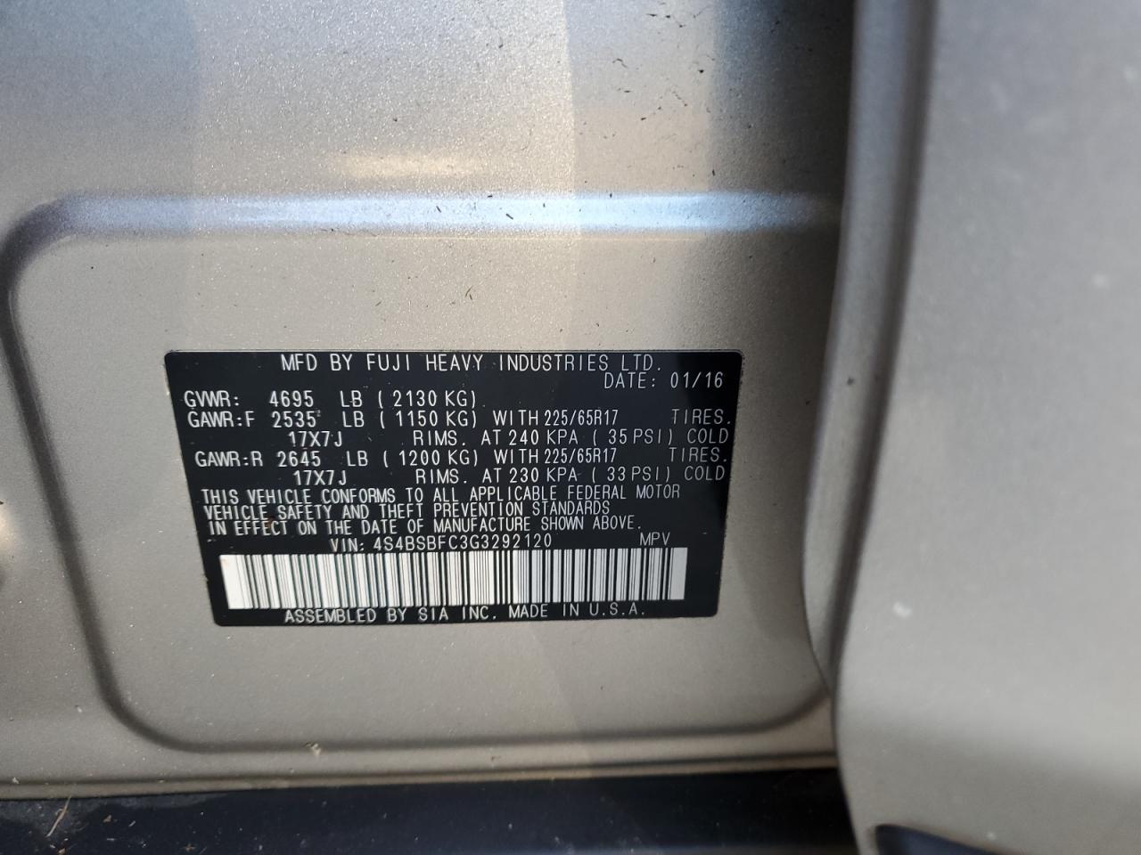 4S4BSBFC3G3292120 2016 Subaru Outback 2.5I Premium