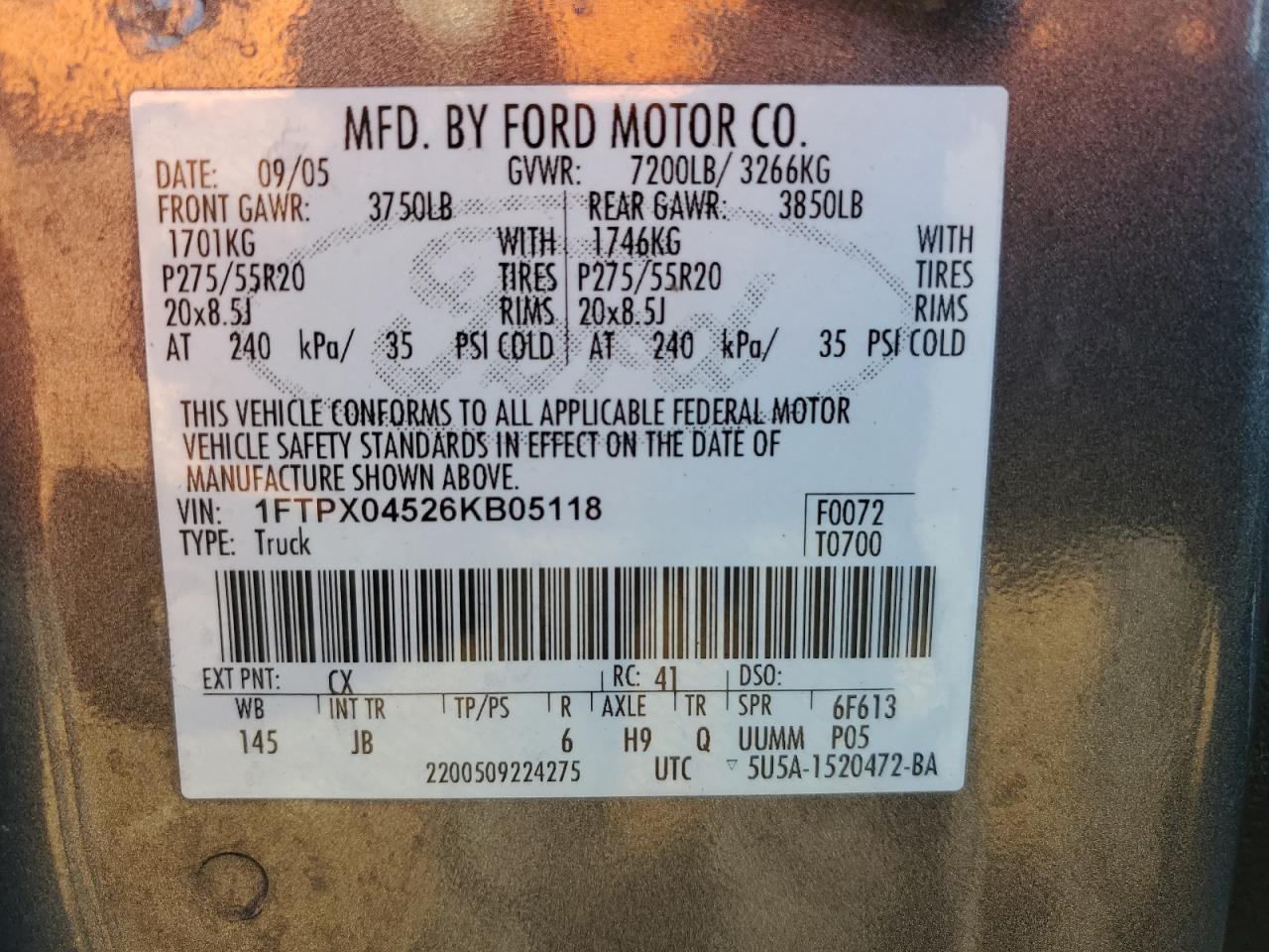 1FTPX04526KB05118 2006 Ford F150