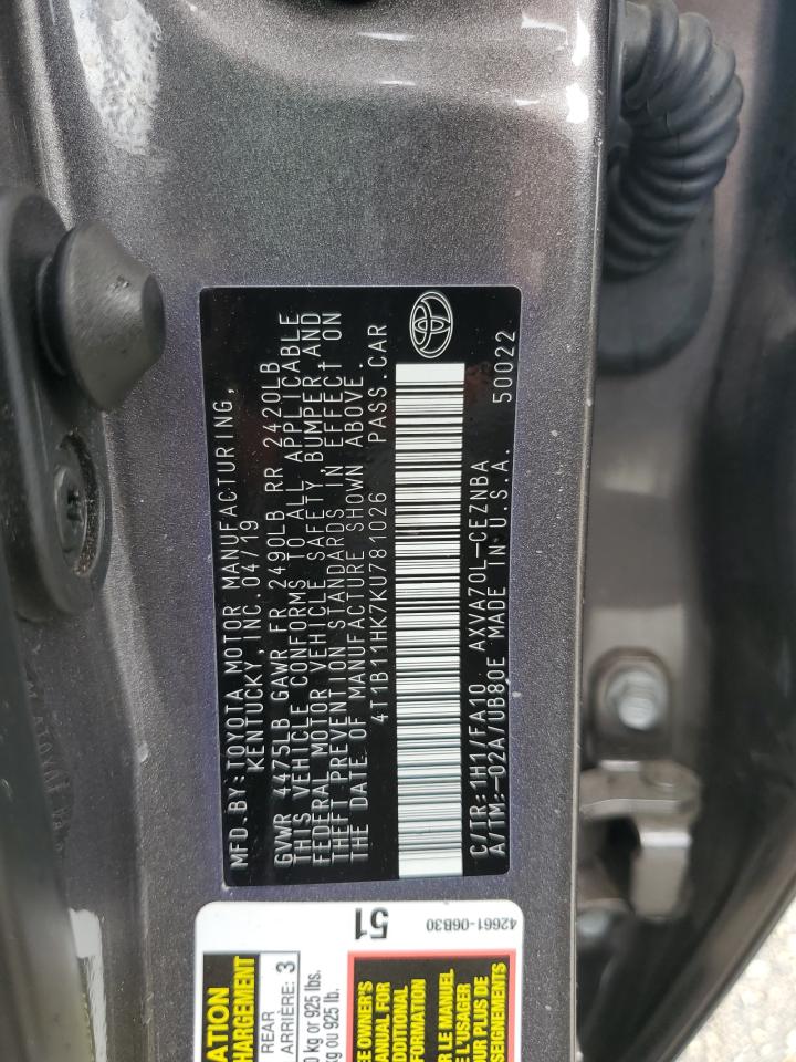 4T1B11HK7KU781026 2019 Toyota Camry L