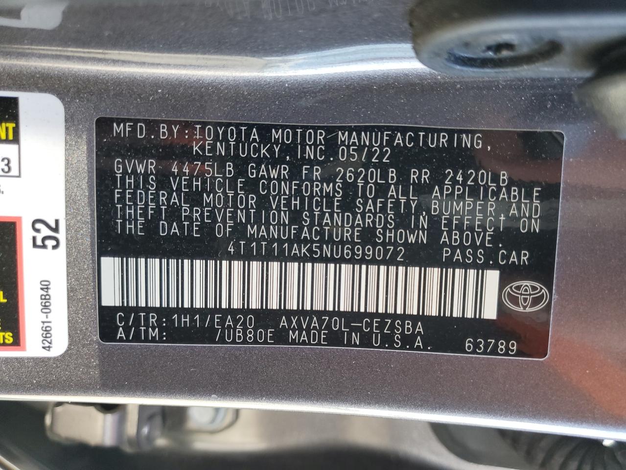 4T1T11AK5NU699072 2022 Toyota Camry Se