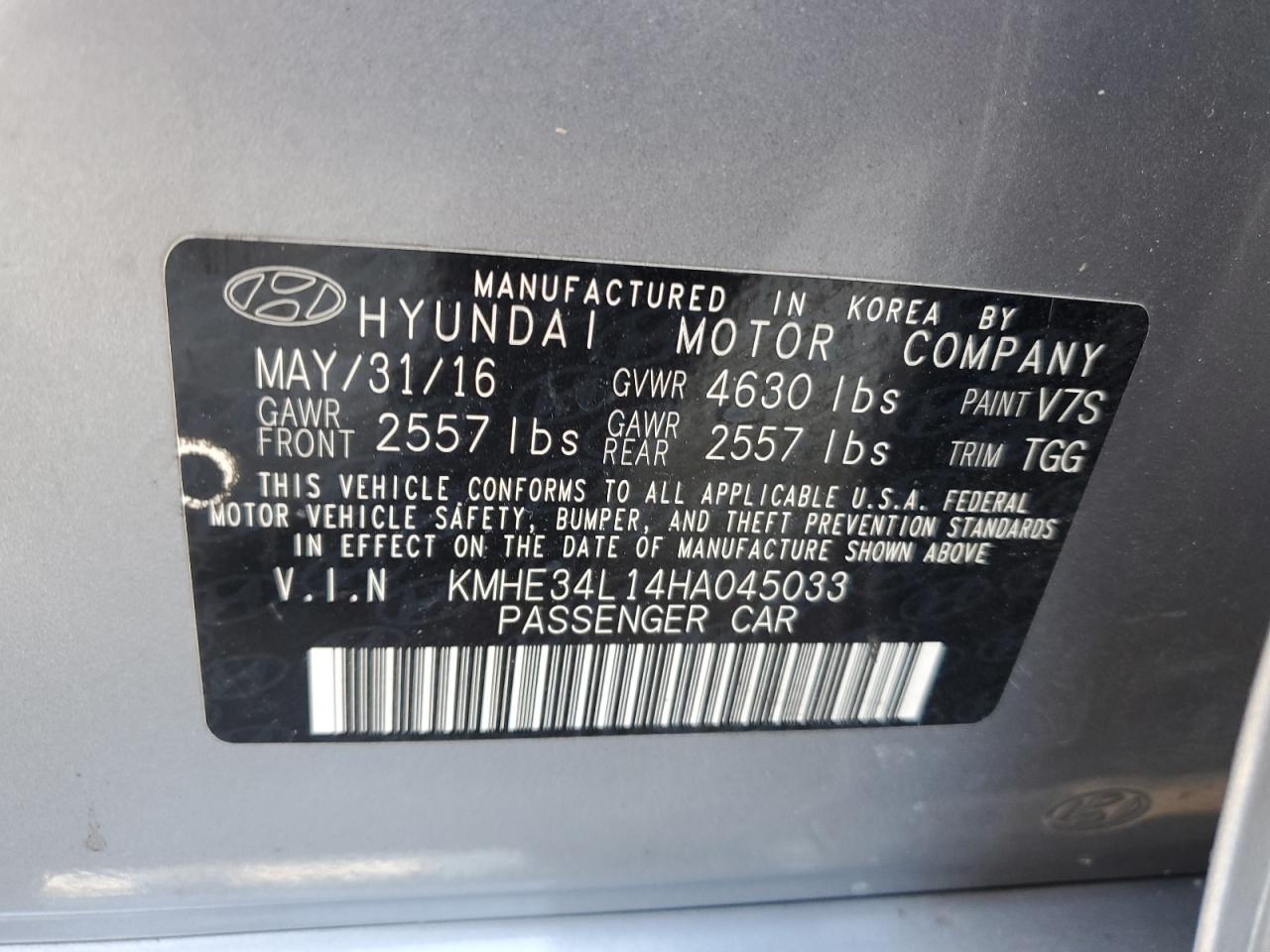 2017 Hyundai Sonata Hybrid VIN: KMHE34L14HA045033 Lot: 74995614