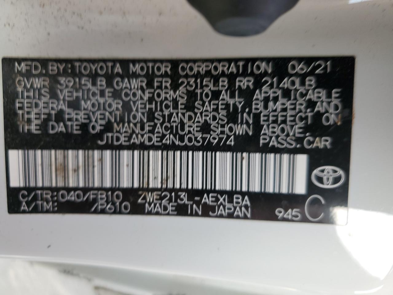 2022 Toyota Corolla Le VIN: JTDEAMDE4NJ037974 Lot: 78215474