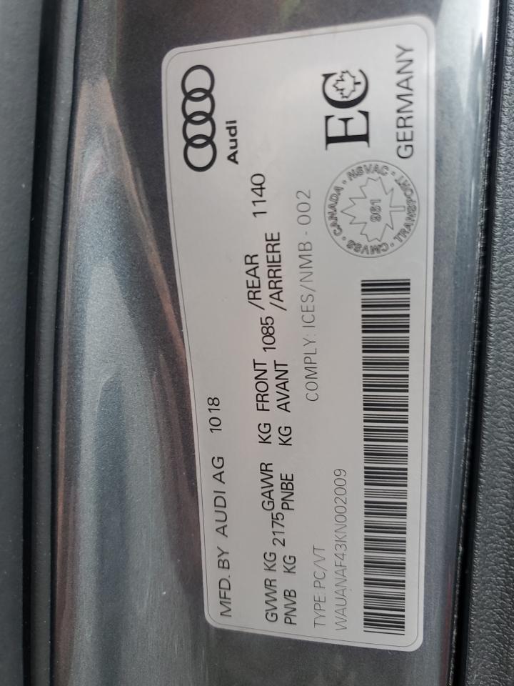 2019 Audi A4 Komfort VIN: WAUANAF43KN002009 Lot: 78772154