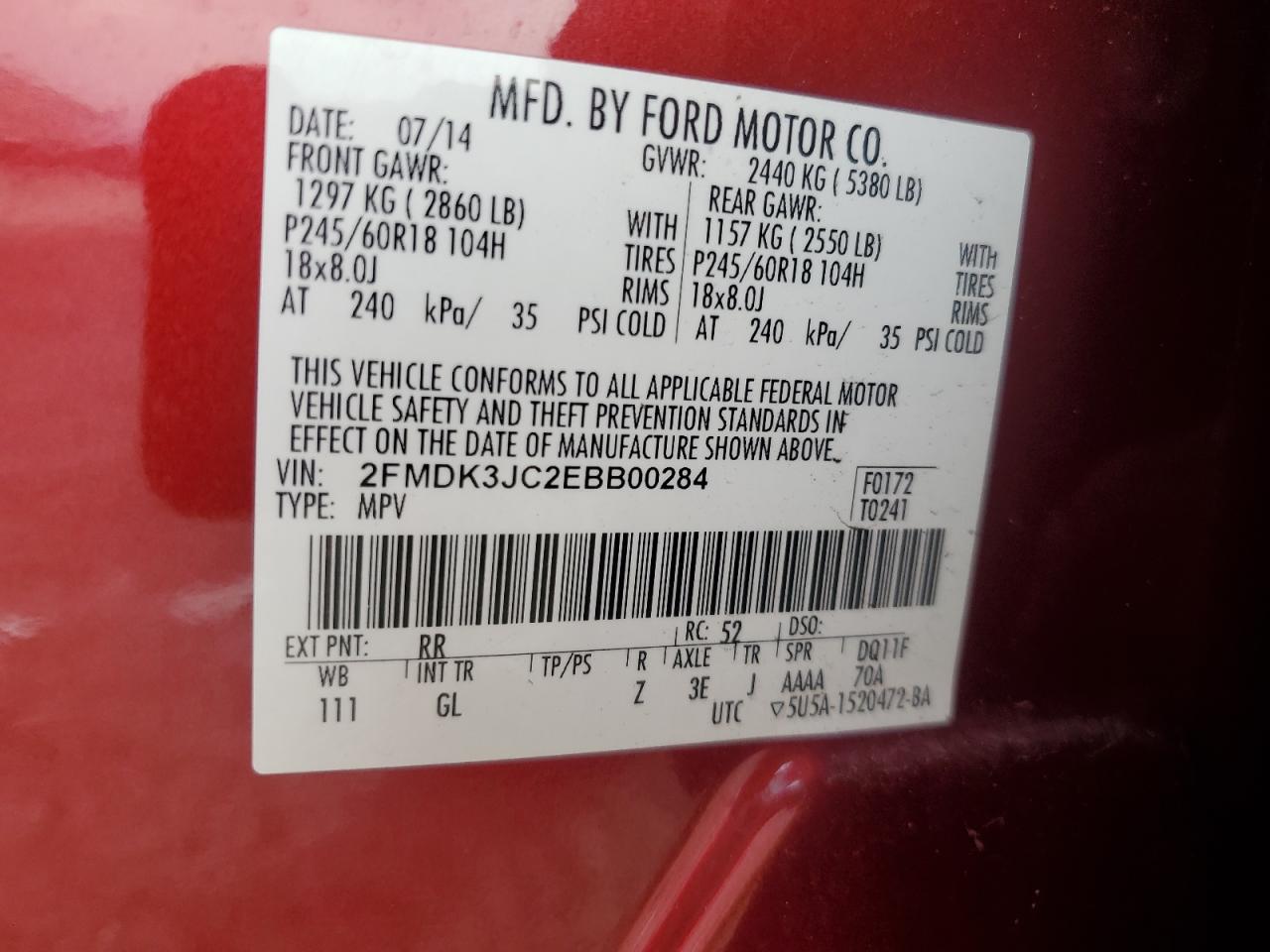 2014 Ford Edge Sel VIN: 2FMDK3JC2EBB00284 Lot: 75346644