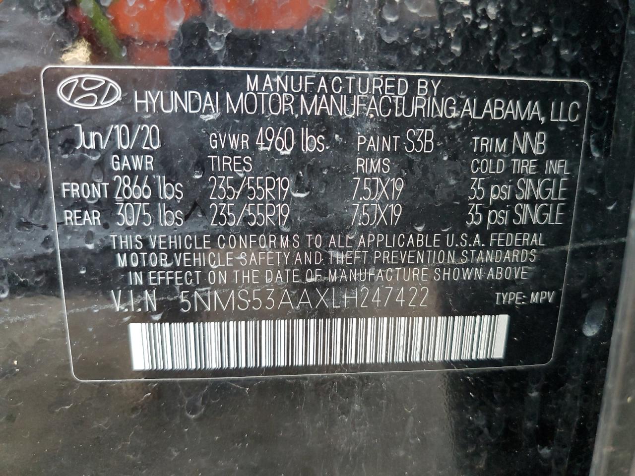 5NMS53AAXLH247422 2020 Hyundai Santa Fe Limited