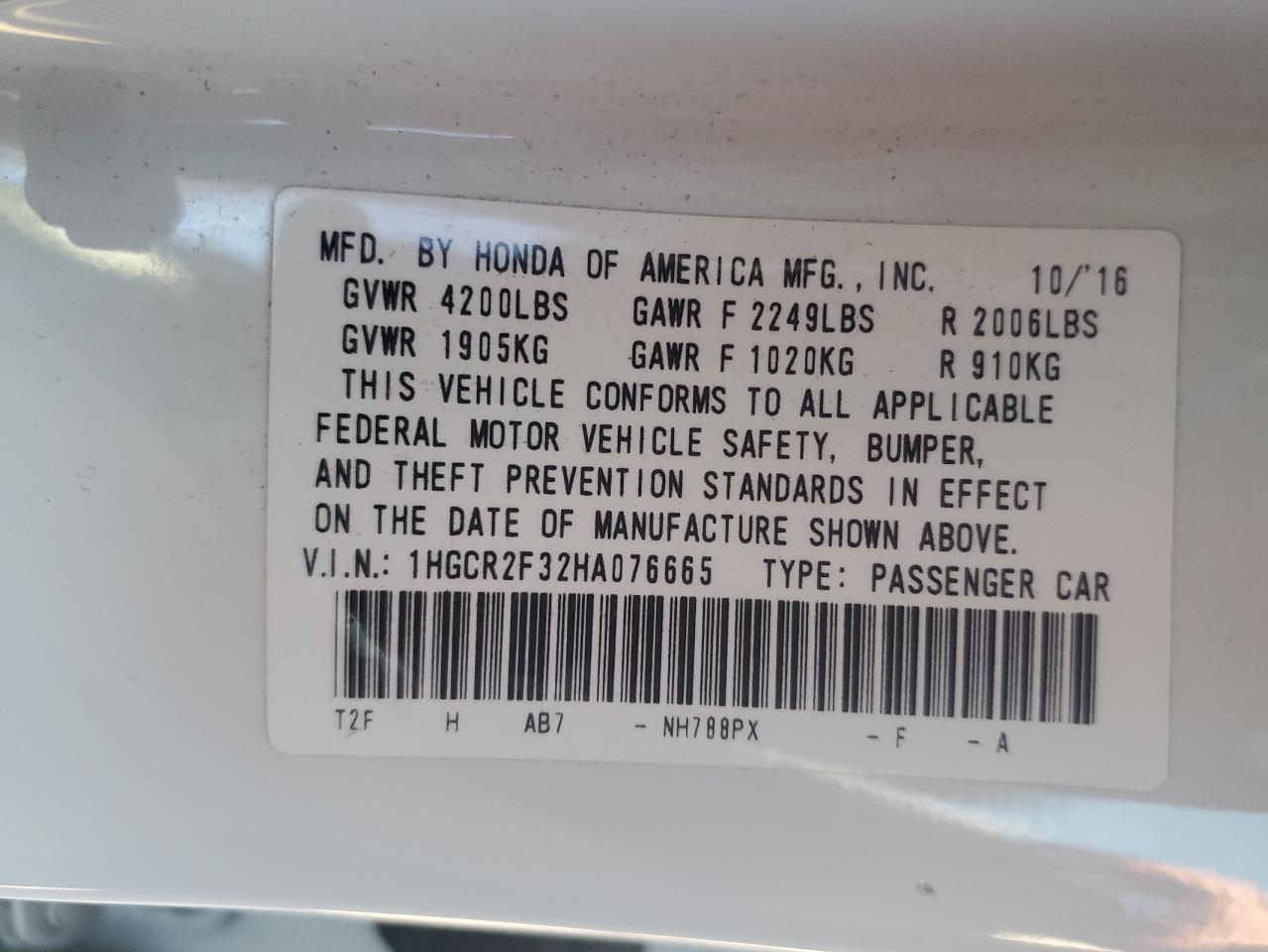 1HGCR2F32HA076665 2017 Honda Accord Lx