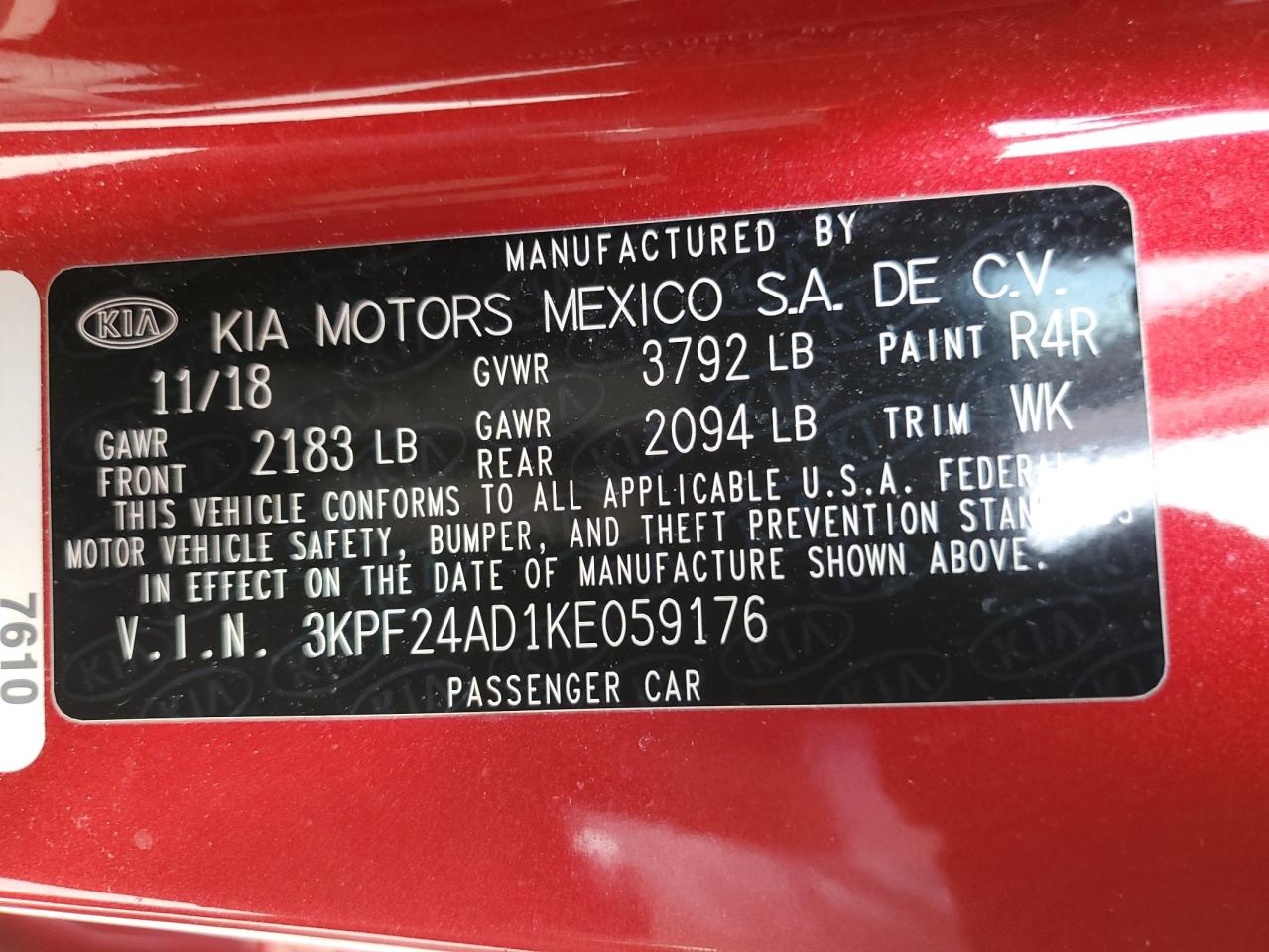 2019 Kia Forte Fe VIN: 3KPF24AD1KE059176 Lot: 76016494