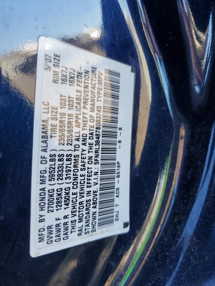 2007 Honda Odyssey Ex VIN: 5FNRL38487B083745 Lot: 76638774