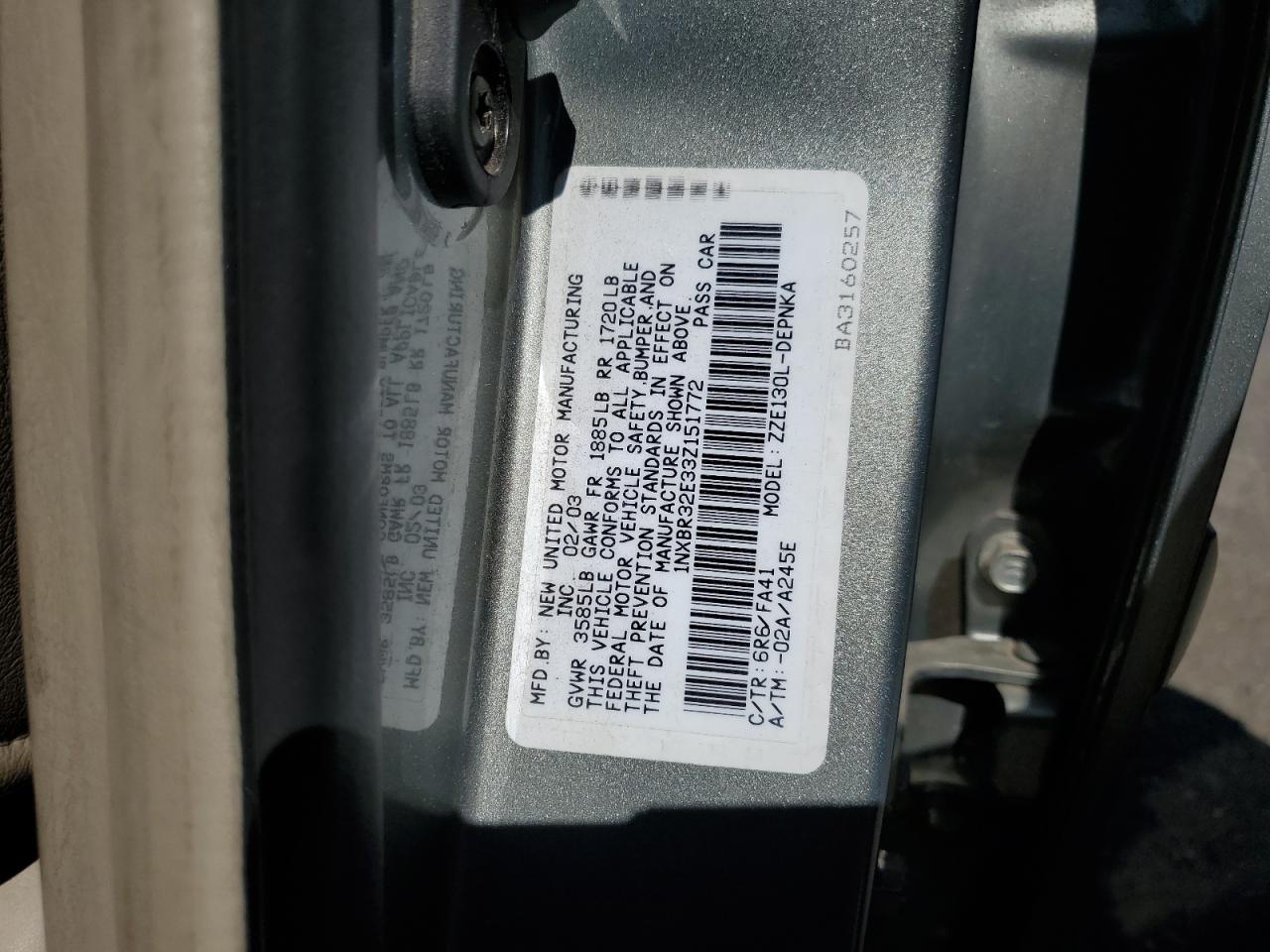 1NXBR32E33Z151772 2003 Toyota Corolla Ce