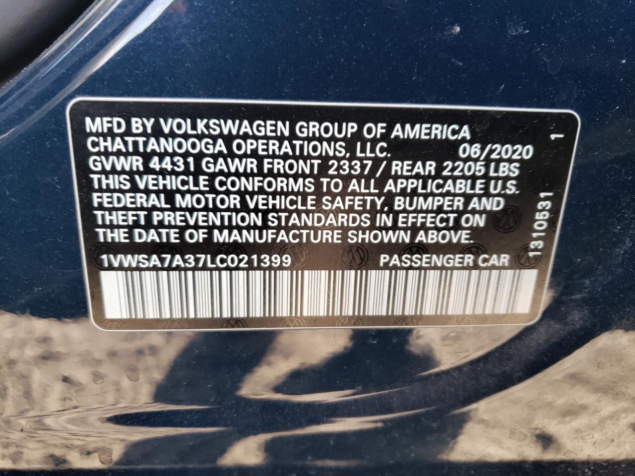 1VWSA7A37LC021399 2020 Volkswagen Passat Se