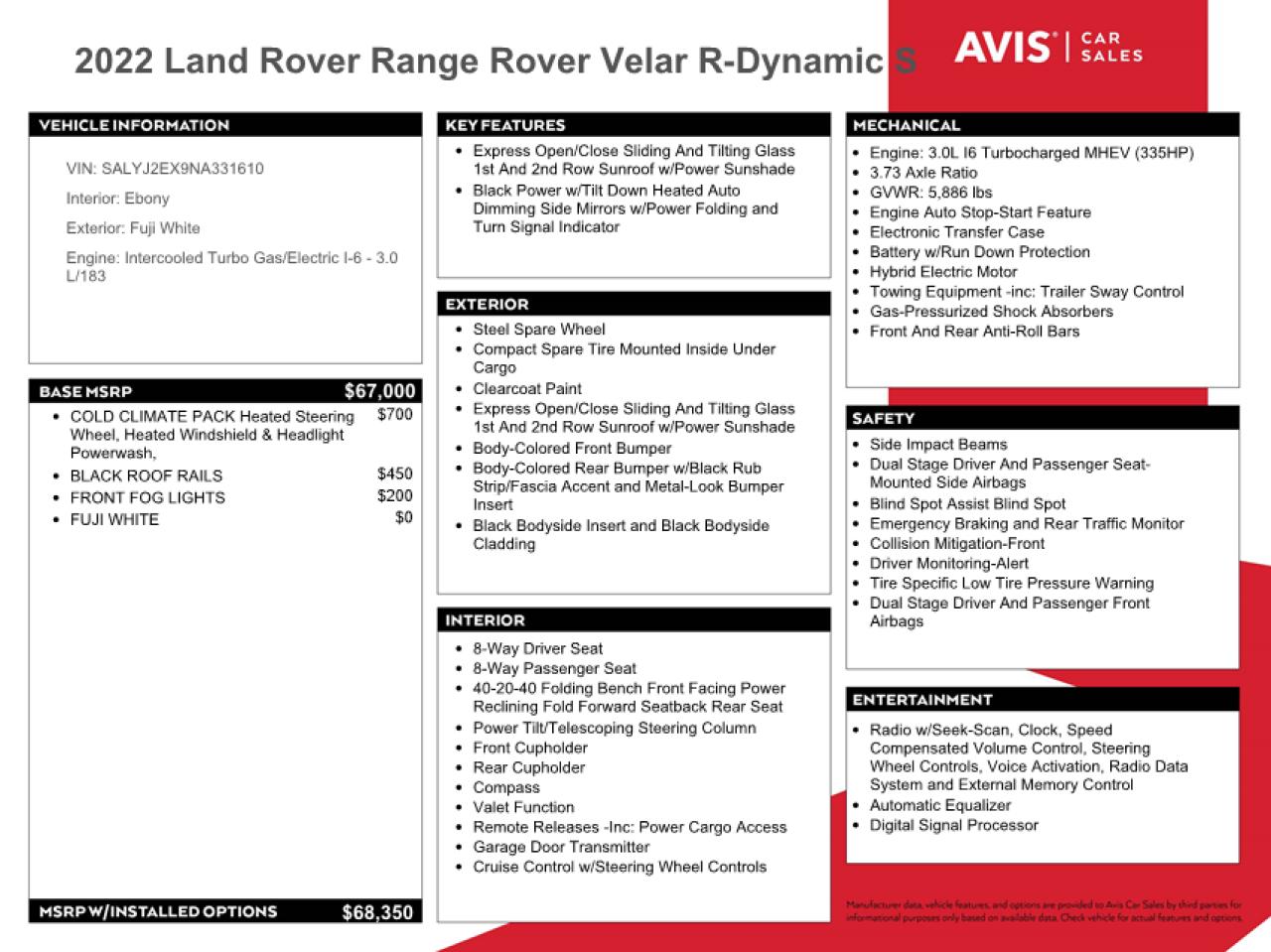 2022 Land Rover Range Rover Velar S VIN: SALYJ2EX9NA331610 Lot: 78634634