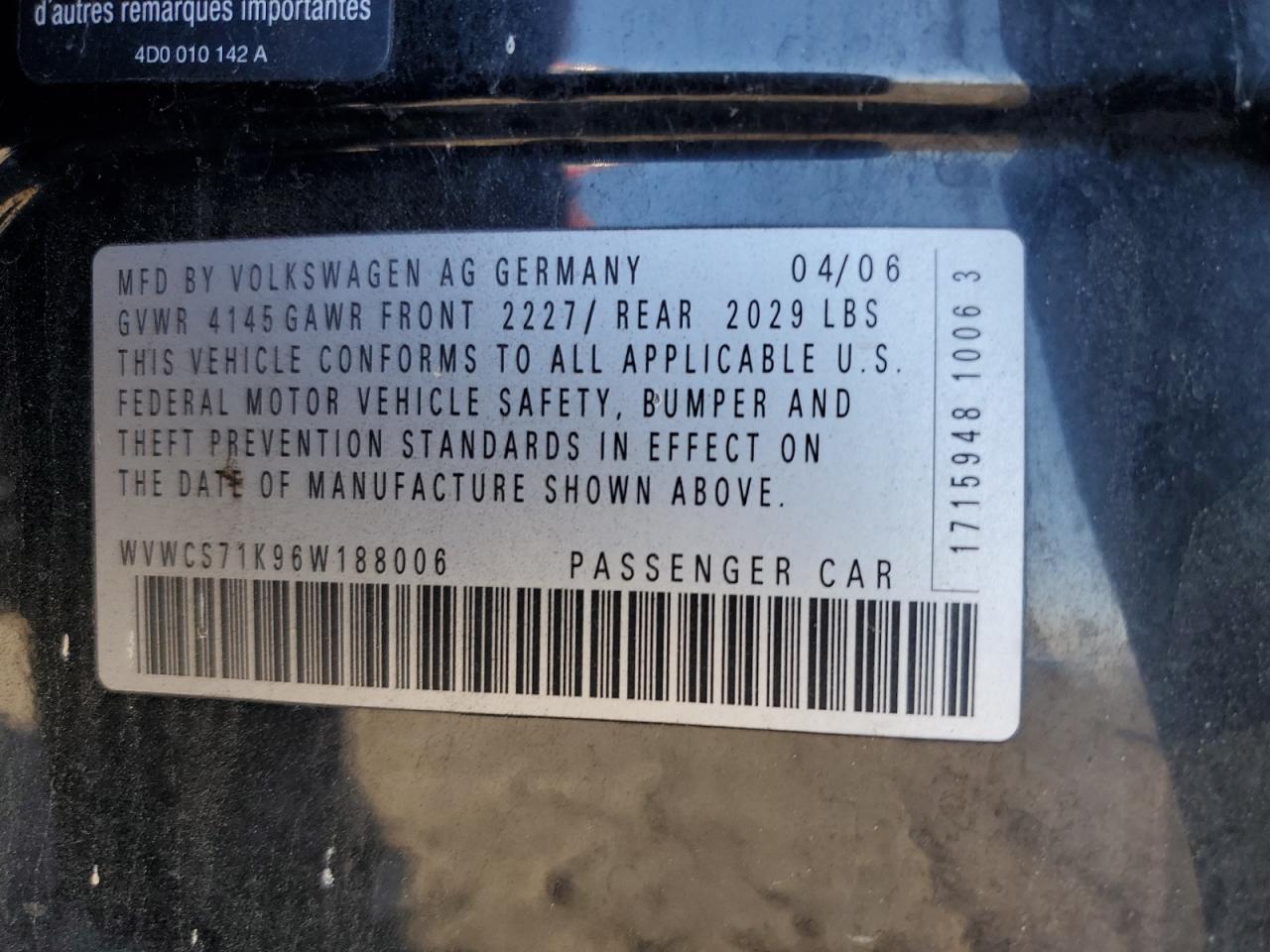 2006 Volkswagen Rabbit VIN: WVWCS71K96W188006 Lot: 78758134