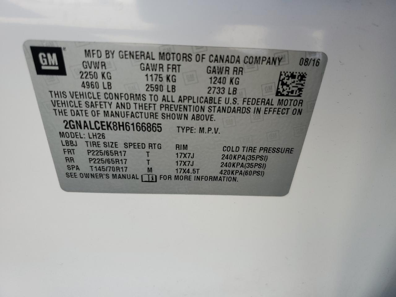 2GNALCEK8H6166865 2017 Chevrolet Equinox Lt