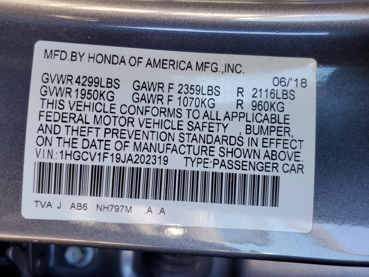 1HGCV1F19JA202319 2018 Honda Accord Lx