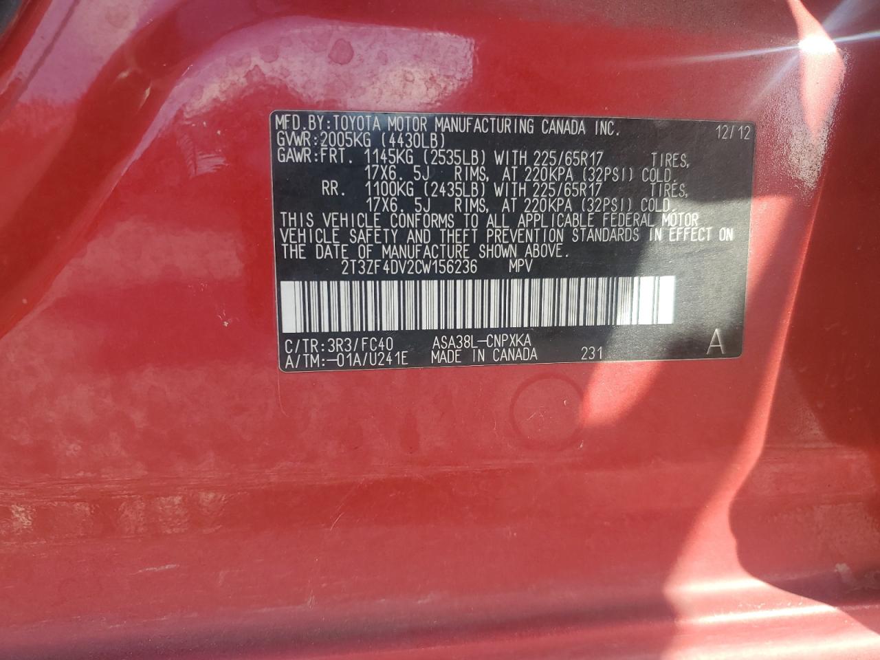 2T3ZF4DV2CW156236 2012 Toyota Rav4