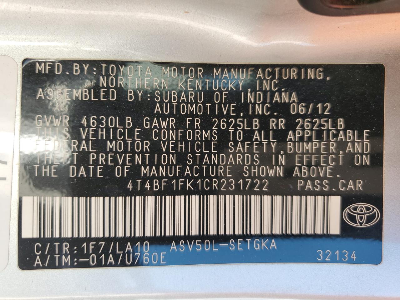 4T4BF1FK1CR231722 2012 Toyota Camry Base