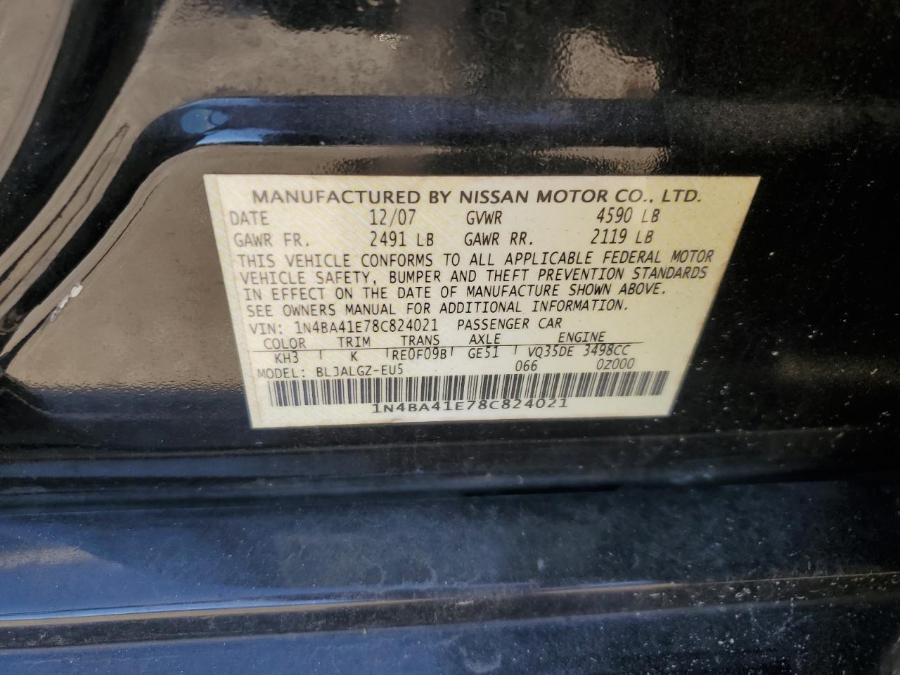 2008 Nissan Maxima Se VIN: 1N4BA41E78C824021 Lot: 51619025