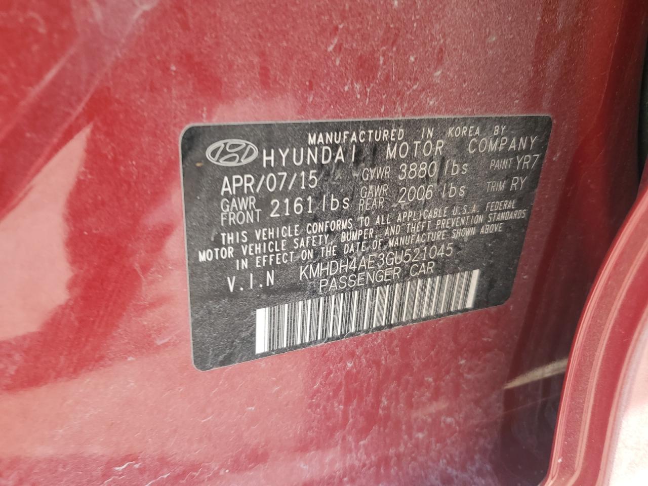 KMHDH4AE3GU521045 2016 Hyundai Elantra Se