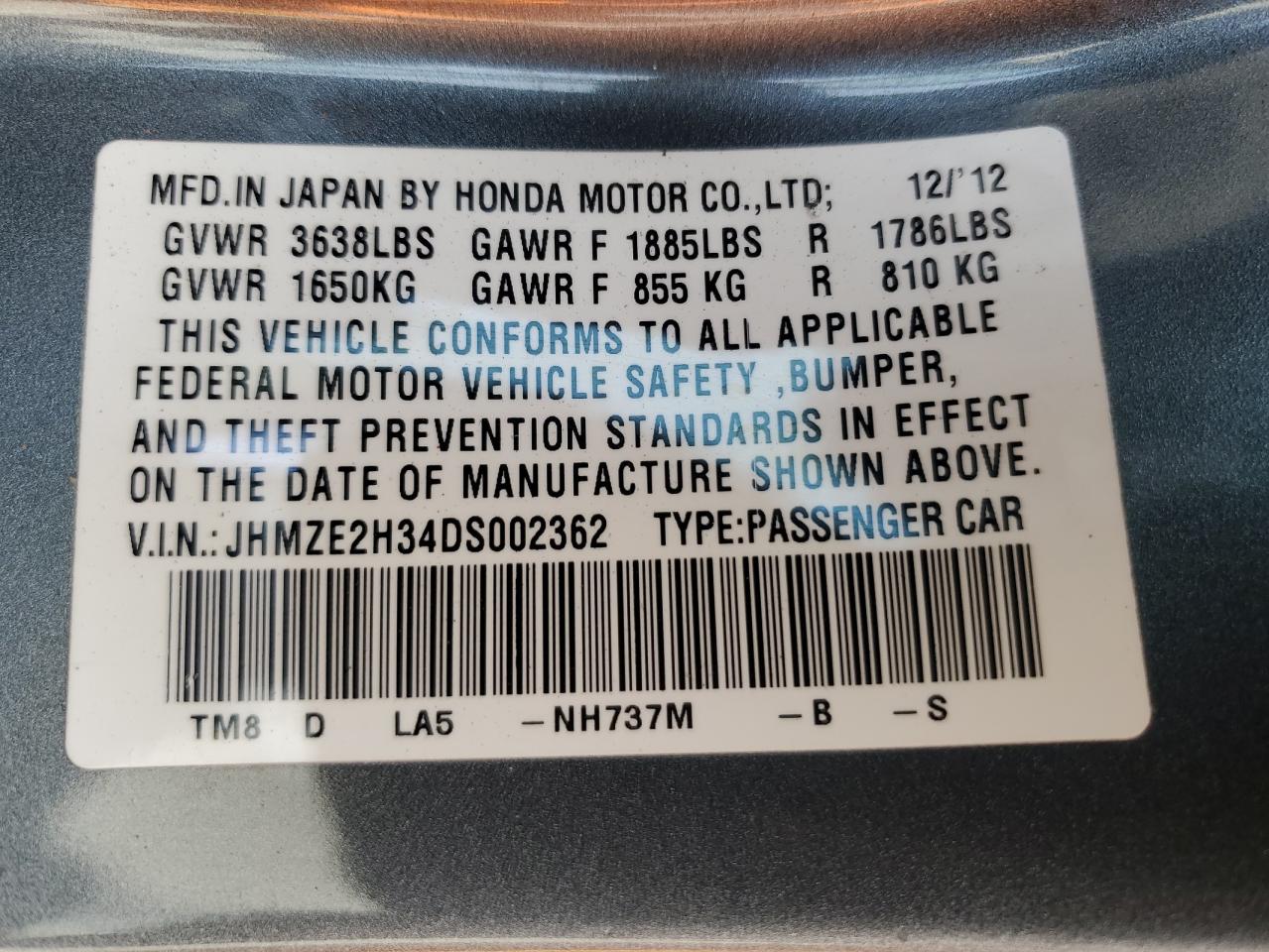 2013 Honda Insight VIN: JHMZE2H34DS002362 Lot: 75366894