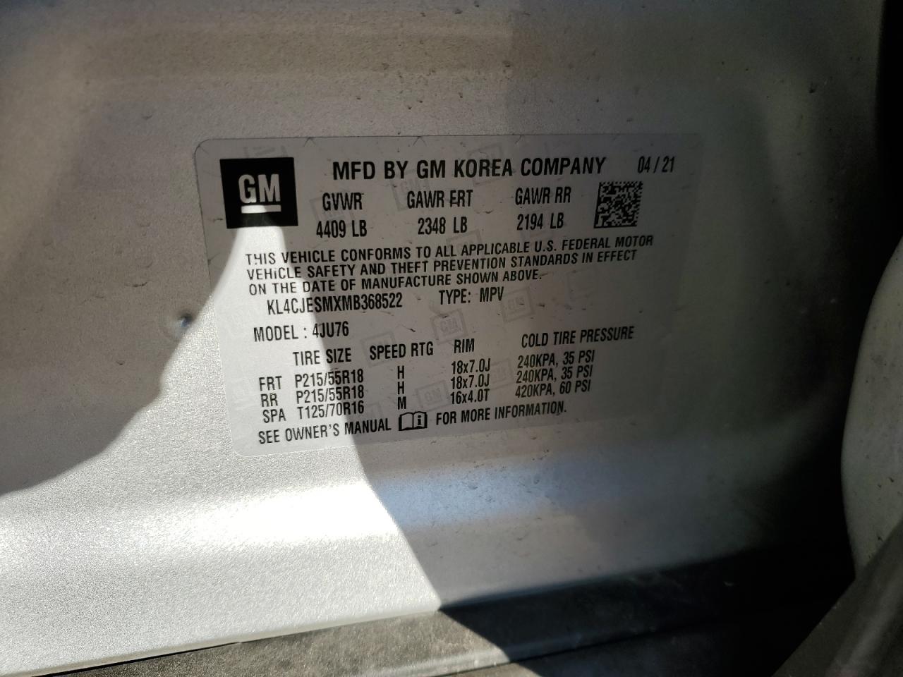 KL4CJESMXMB368522 2021 Buick Encore Preferred